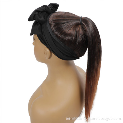 wholeasale cheap headband strap long straight ponytail hair weft with headband synthetic hair weft for black women